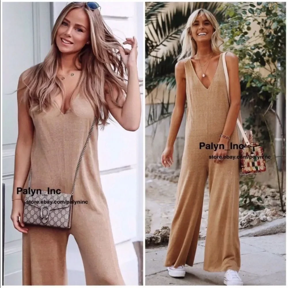 Zara Rustic Brown Linen Blend V-Neck Sleeveless Pull On Knit Jumpsuit Size S